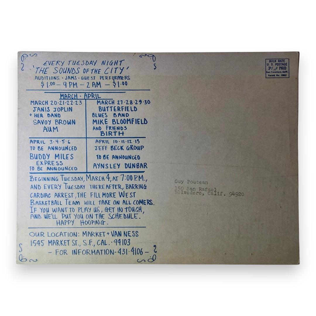 Creedence Clearwater Revival, Jethro Tull, Sanpaku, Janis Joplin, Savoy Brown – The Fillmore West, Winterland, San Francisco (Mar 13–16, 20–23, 1969) by Randy Tuten & D. Bread (Uncut Postcard)