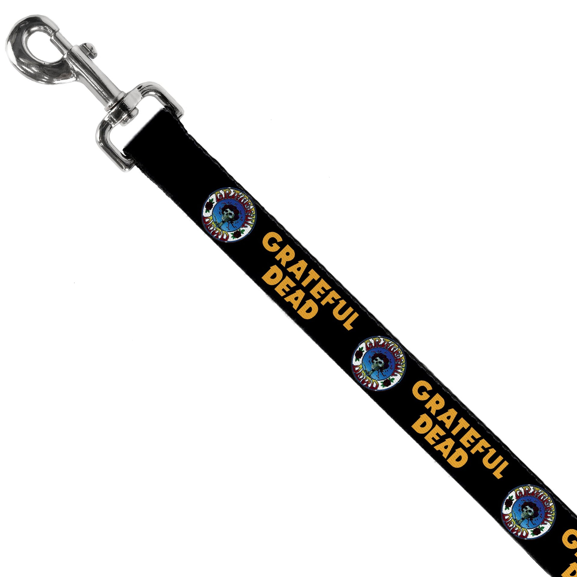 Grateful Dead Dog Leash | Black/Yellow Text and Skull & Roses Round Logo - Back