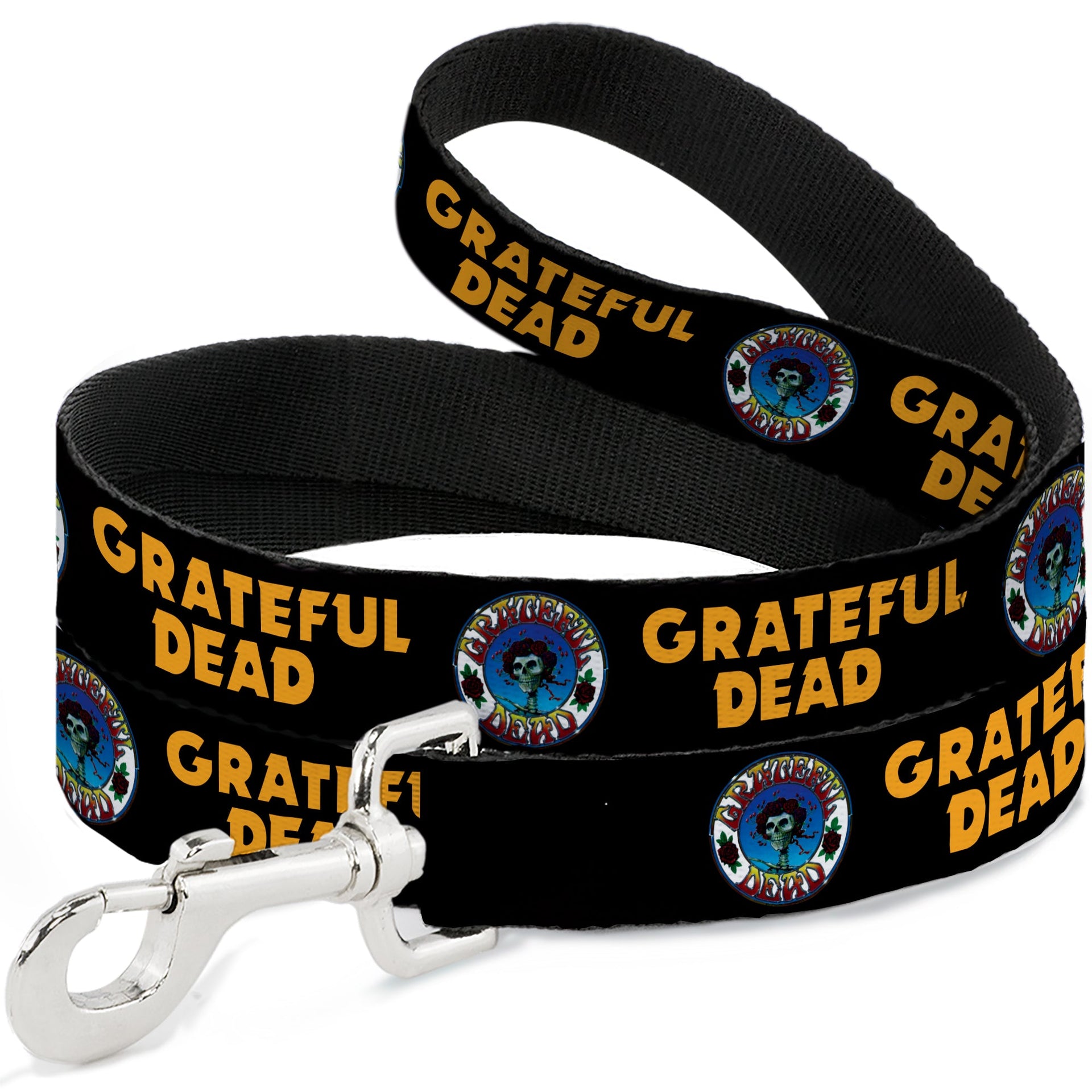 Grateful Dead Dog Leash | Black/Yellow Text and Skull & Roses Round Logo - Front