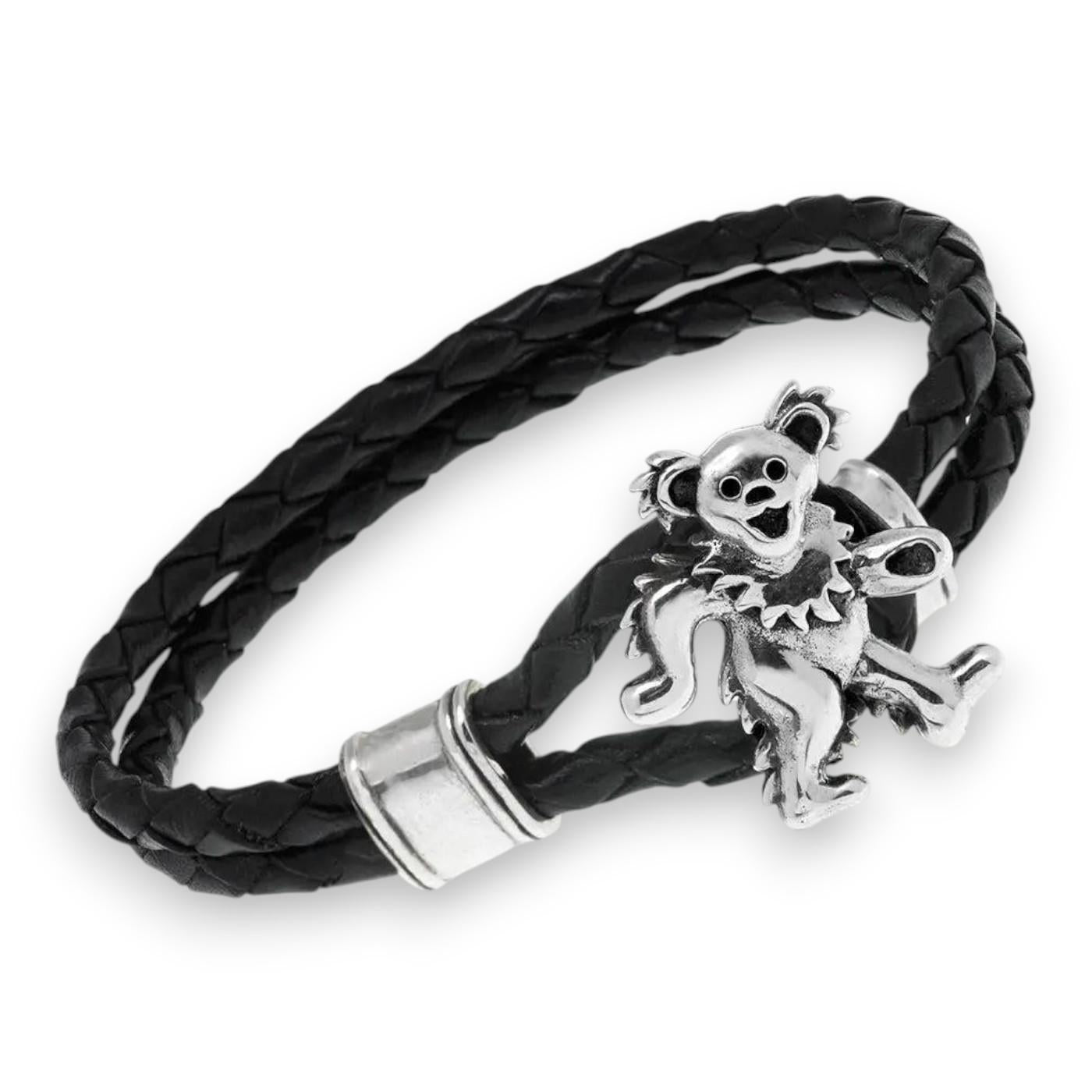 Grateful Dead Dancing Bear Sterling Silver Leather Bracelet - Front