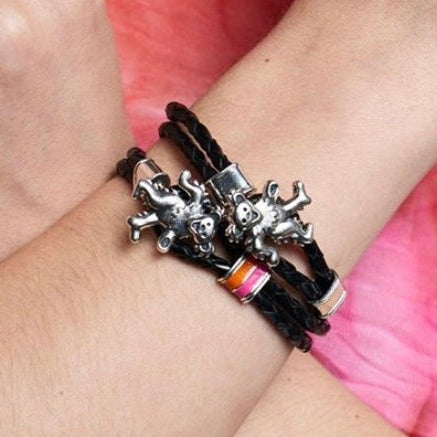 Dancing Bear Sterling Silver, Orange and Pink Enamel & Leather Bracelet