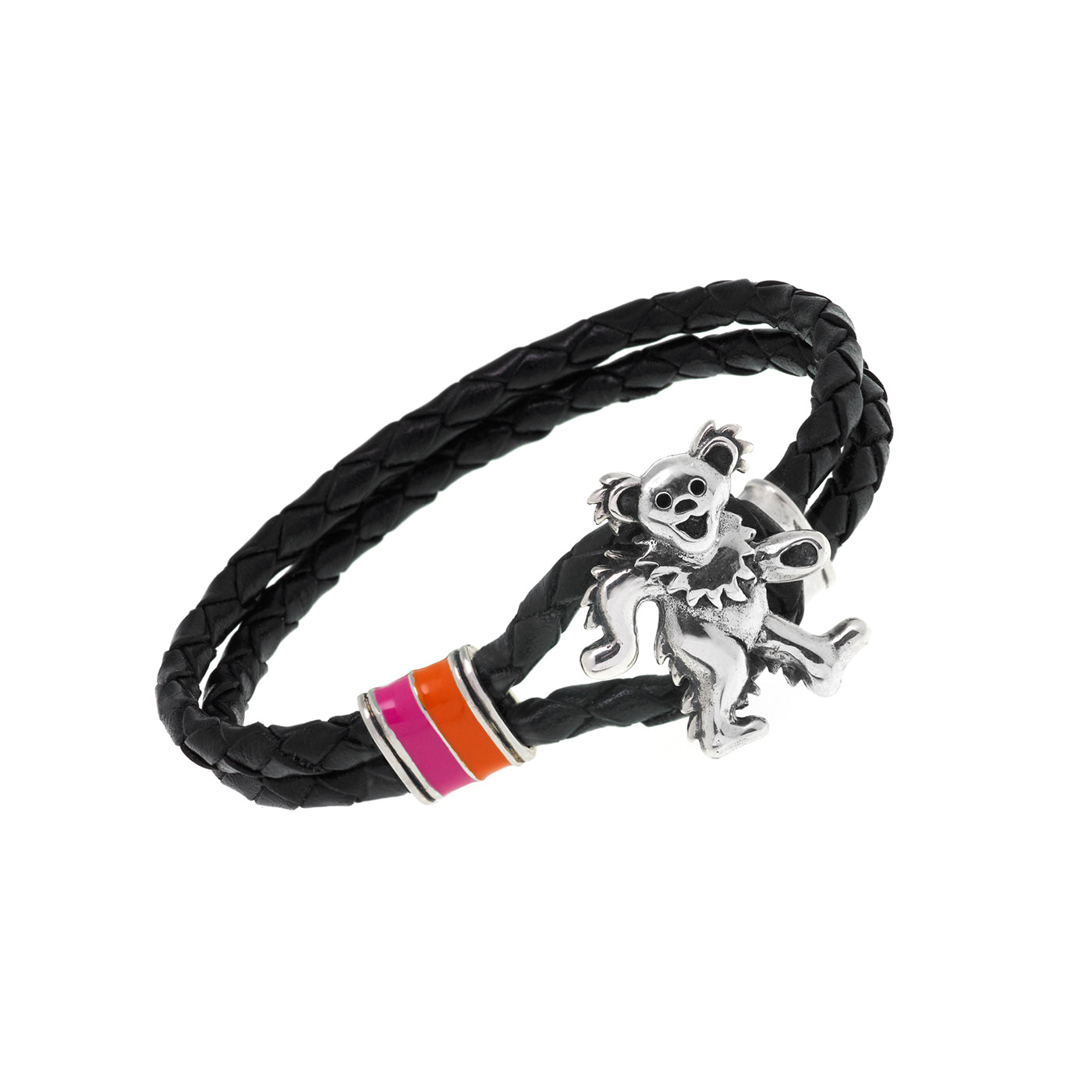 Dancing Bear Sterling Silver, Orange and Pink Enamel & Leather Bracelet