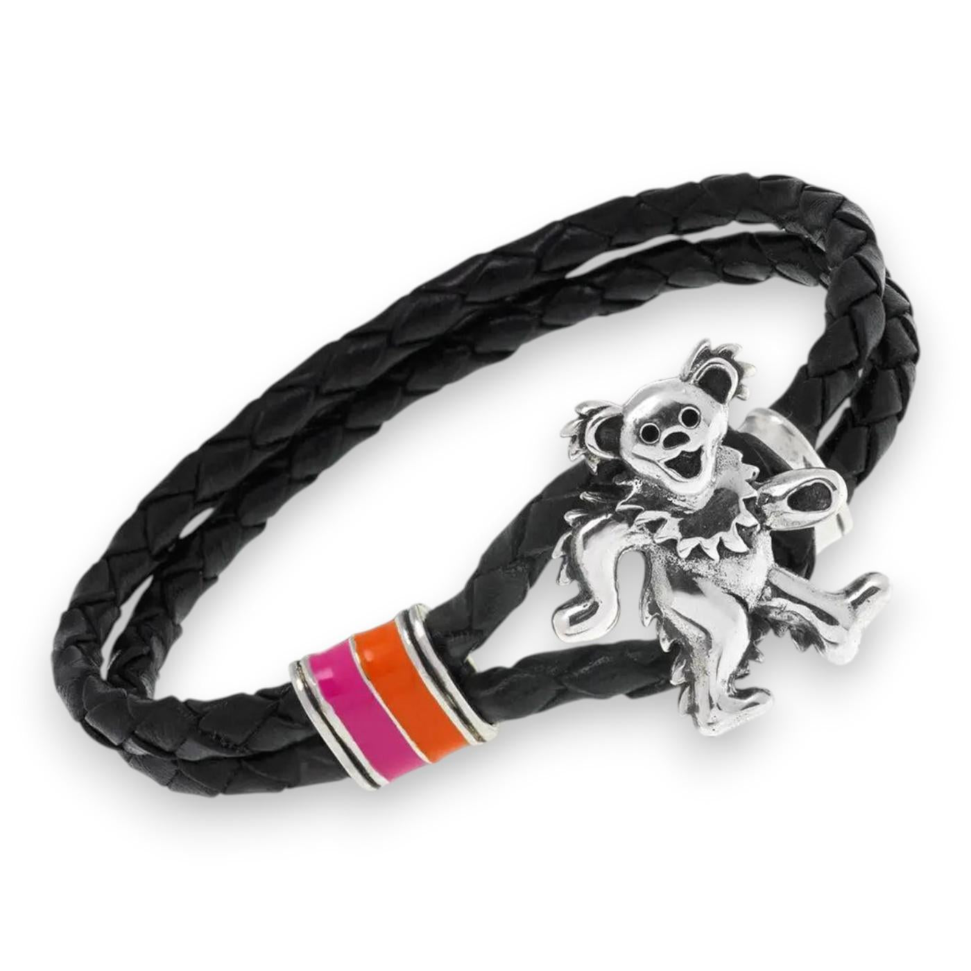 Grateful Dead Dancing Bear Sterling Silver Enamel & Leather Bracelet - Front