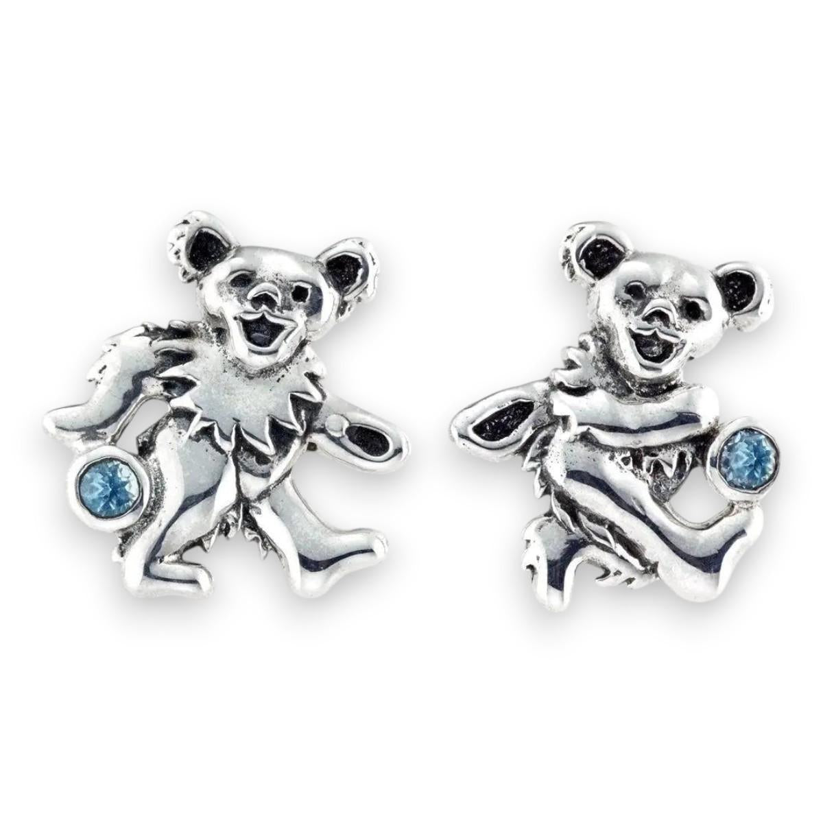 Grateful Dead Dancing Bear Sterling Silver Semi Precious Post Earrings - Close-Up