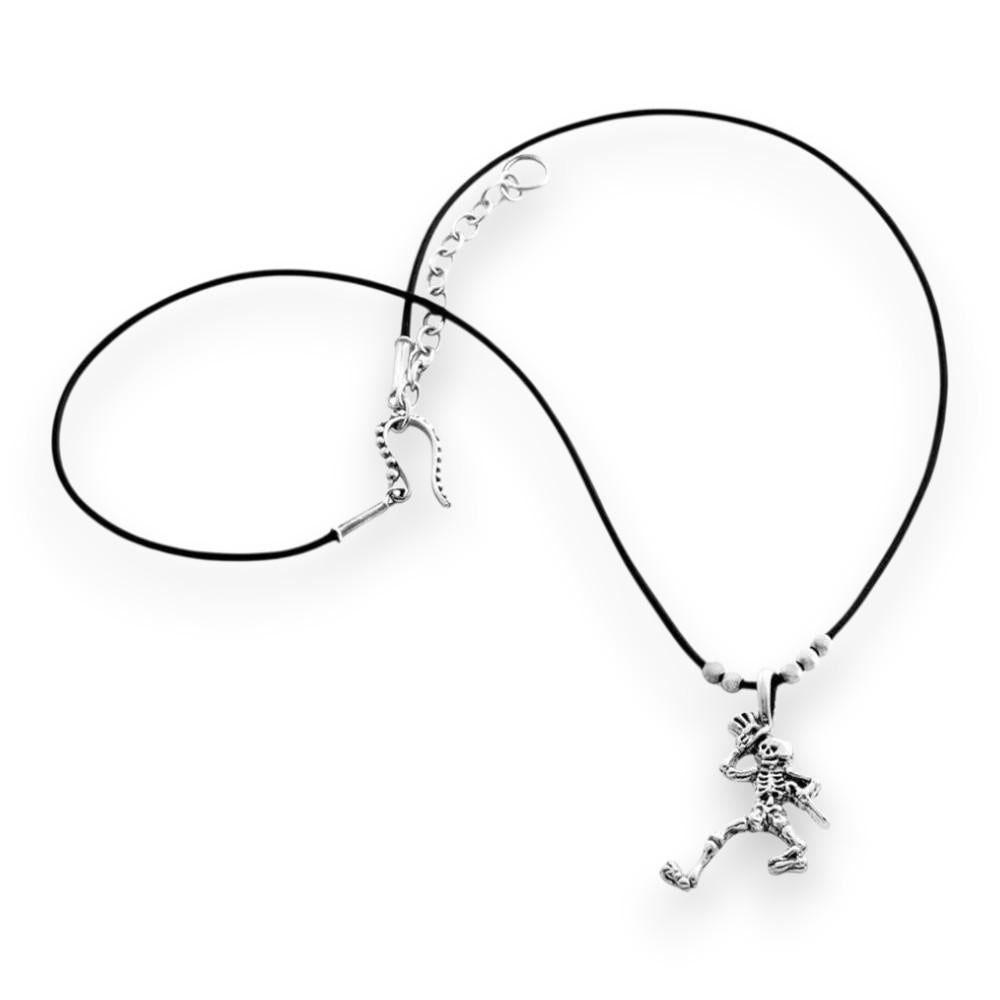 Grateful Dead Dancing Skeletons Sterling Silver Beads & Thin Leather Necklace - Back