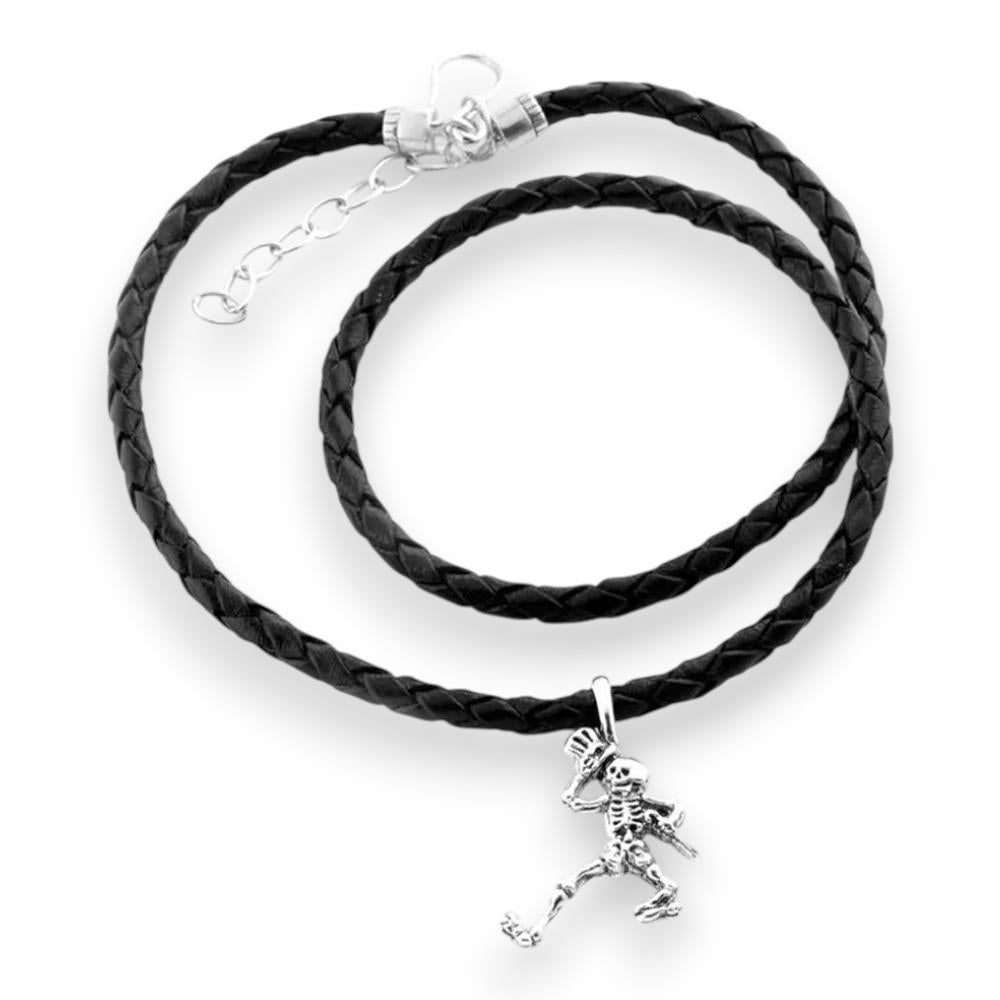 Grateful Dead Dancing Skeletons Sterling Silver Charm Woven Leather Necklace - Back