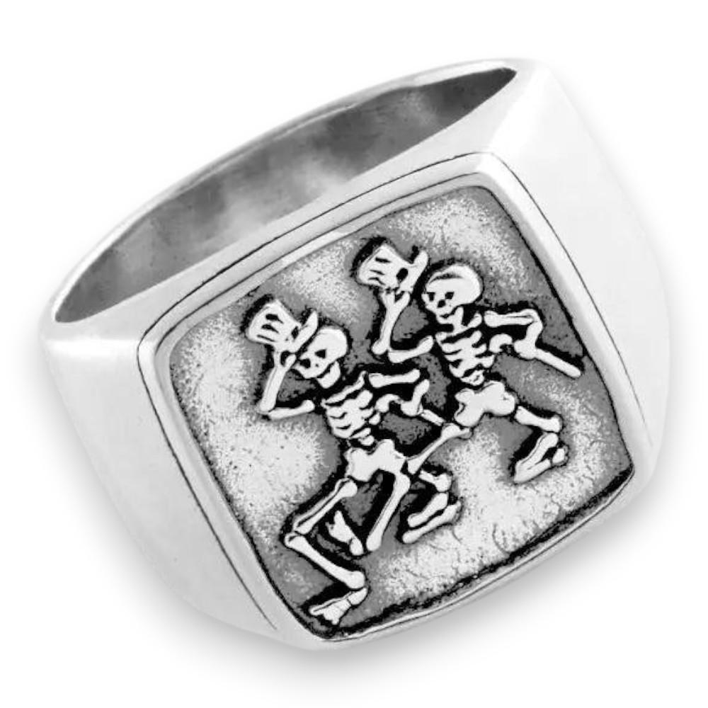 Grateful Dead Dancing Skeletons Sterling Silver Signet Ring - Front