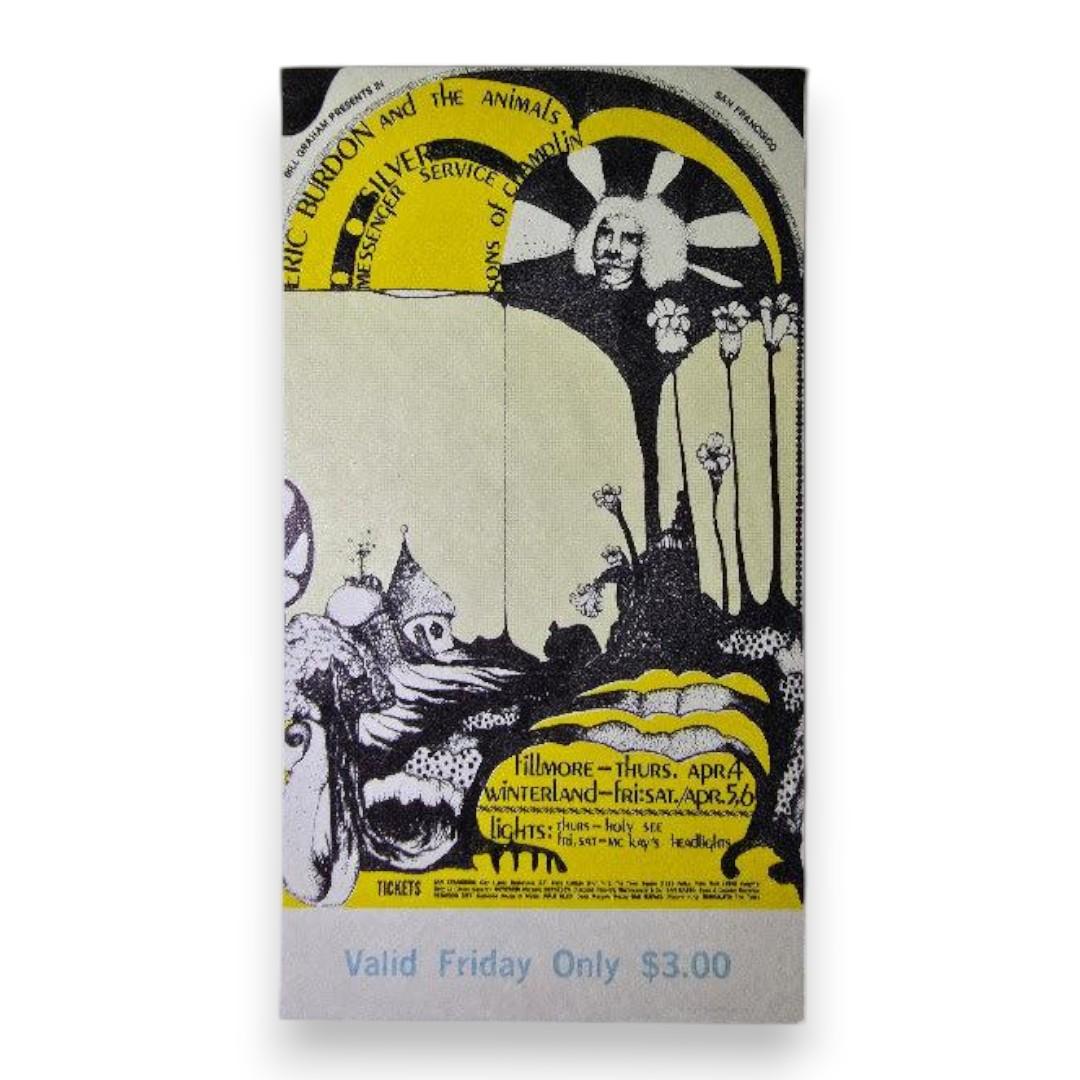 Eric Burdon & The Animals, Quicksilver Messenger Service, The Sons Of Champlin - April 5, 1968 - The Fillmore | Vintage Concert Ticket
