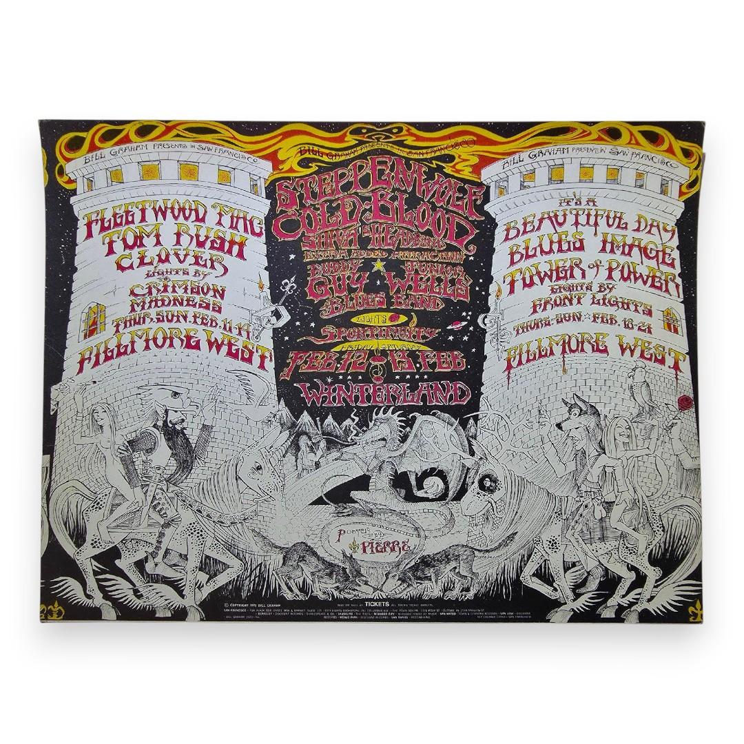 Fleetwood Mac, Steppen Wolf, Cold Blood, The Fillmore West by Jake Pierre | February 11-14, 18-24, 1971 | Vintage Handbill/Postcard - Front