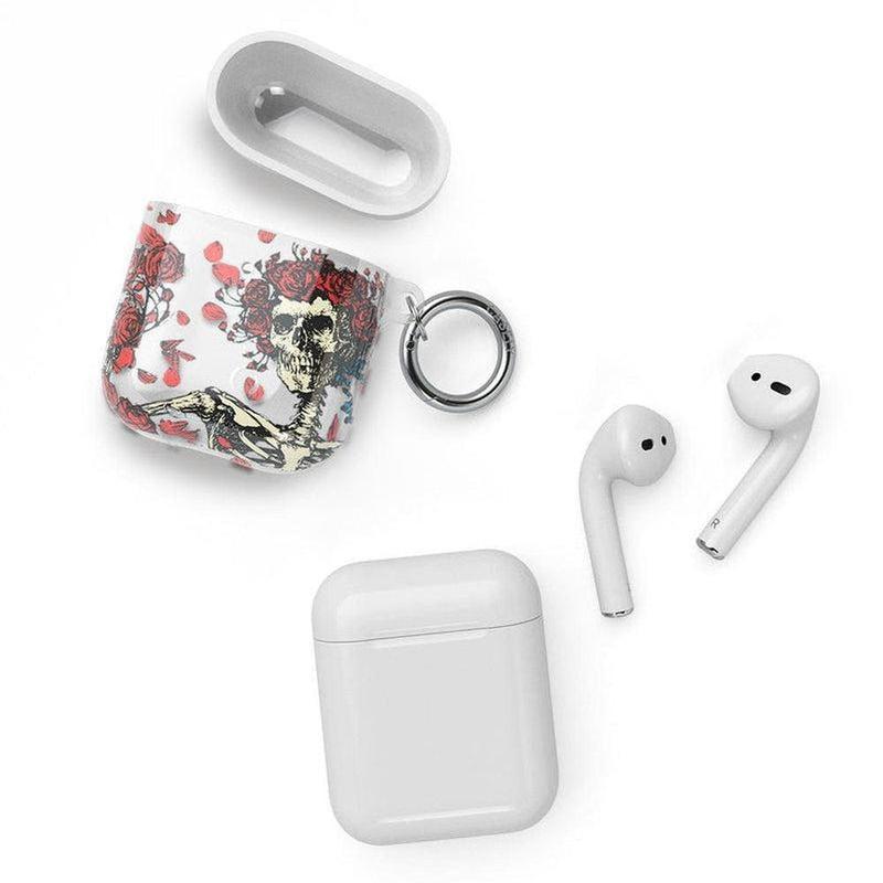 White AirPods Case with Skeleton and Falling Red Rose Petals