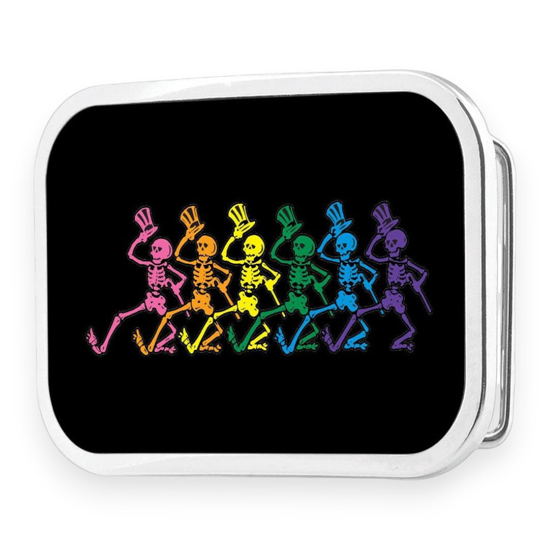 Grateful Dead Belt Buckle | Black/Rainbow Dancing Skeletons – Chrome
