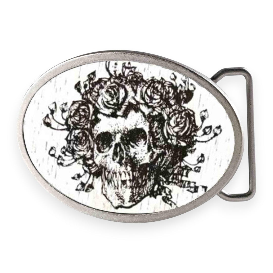 Grateful Dead Belt Buckle | Black/White Wood Skull & Roses – Matte Oval