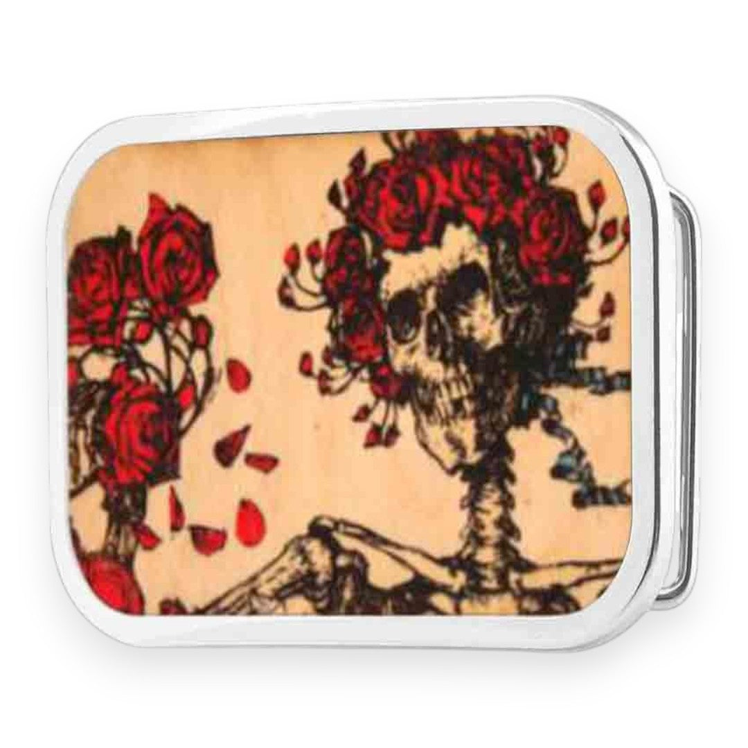 Grateful Dead Belt Buckle | Natural Wood Skull & Roses - Matte