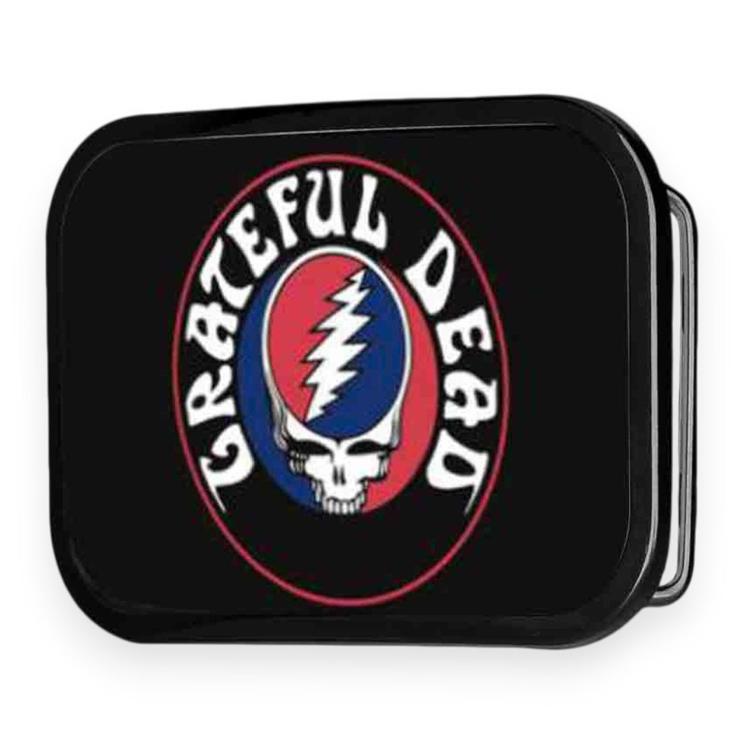 Grateful Dead Belt Buckle | Steal Your Face + Text – Black