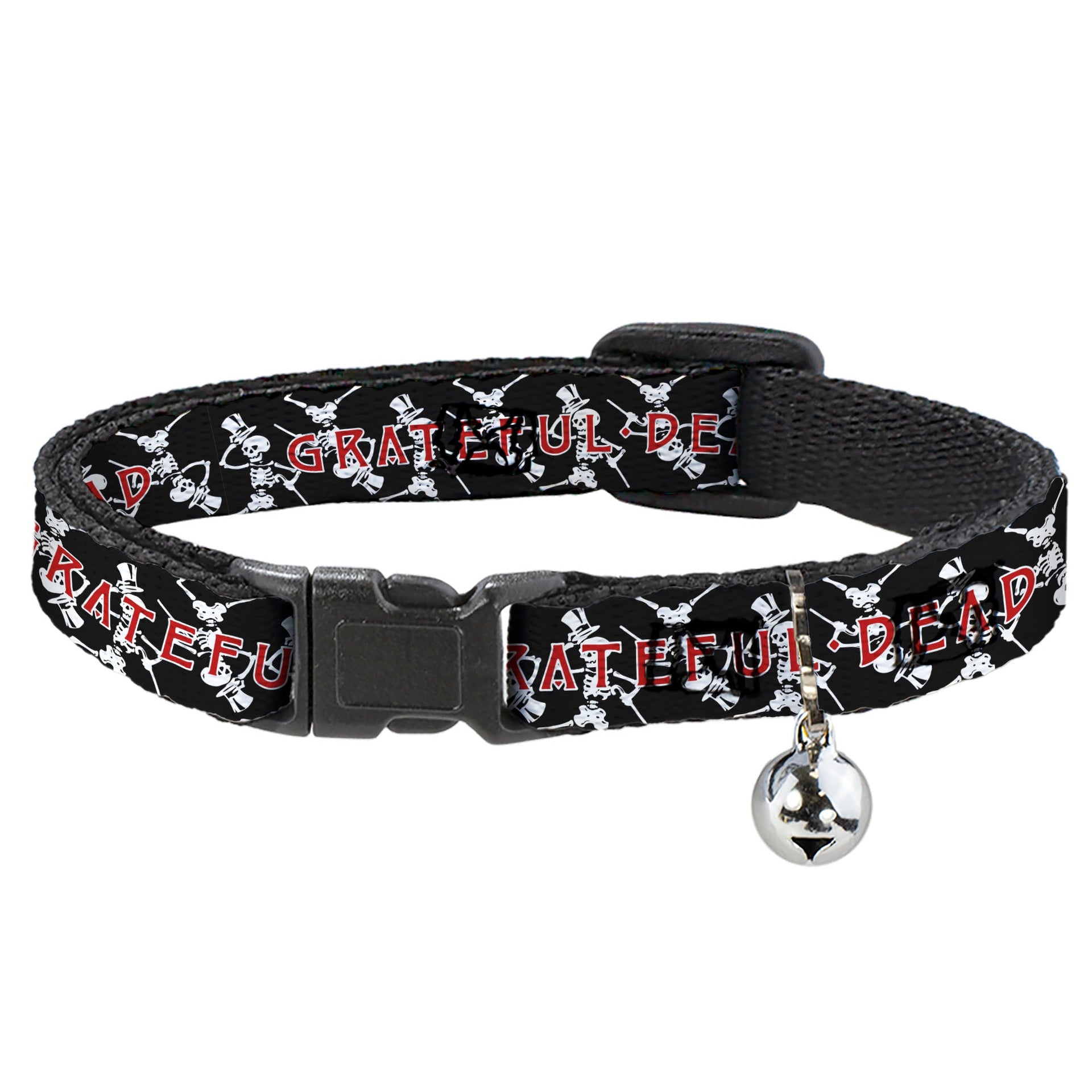 Grateful Dead Breakaway Cat Collar | Black Text + Dancing Skeletons (with Bell)