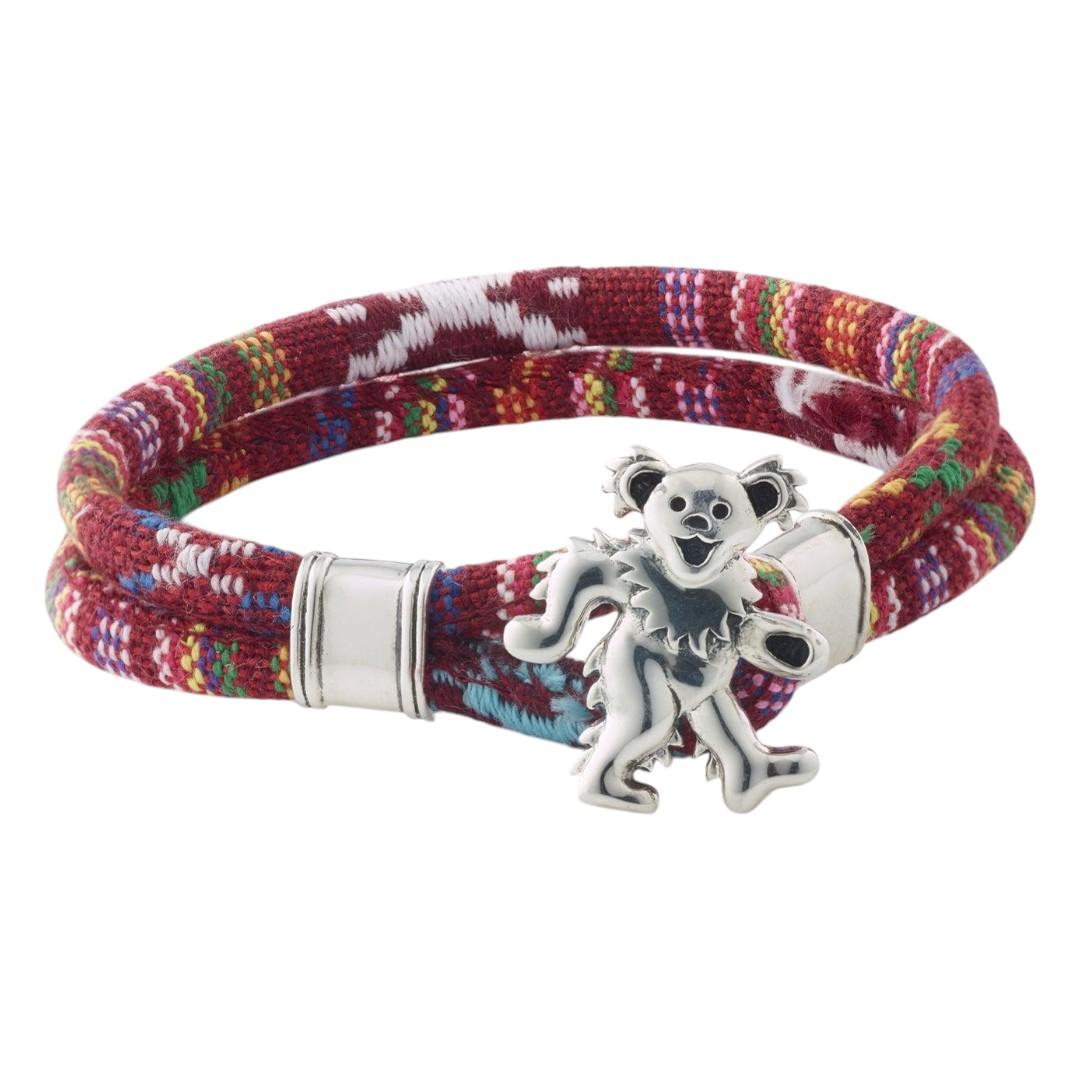 Grateful Dead Dancing Bear Sterling Silver Scarlet Red Cloth Rope Bracelet