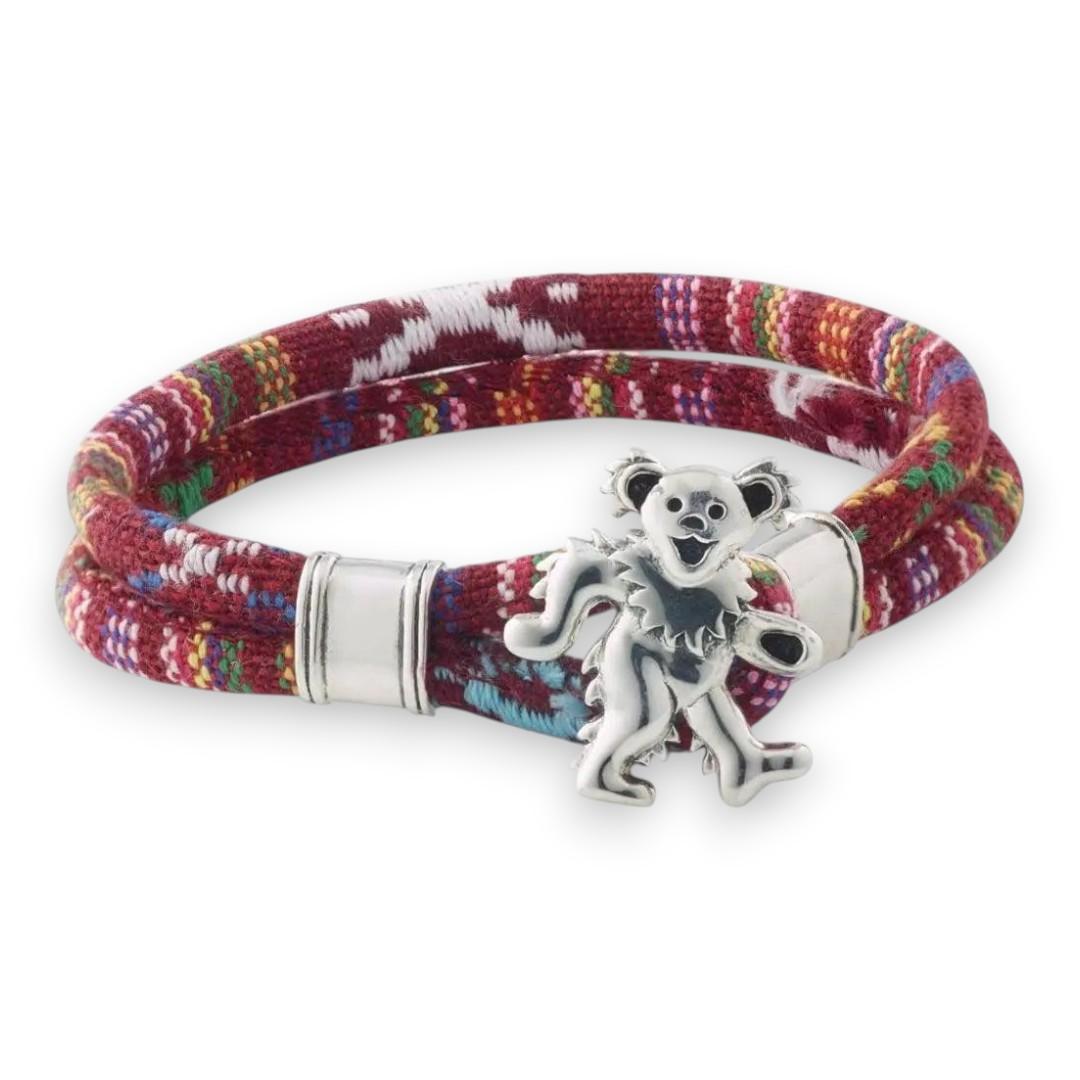 Grateful Dead Dancing Bear Sterling Silver Scarlet Red Cloth Rope Bracelet - Back