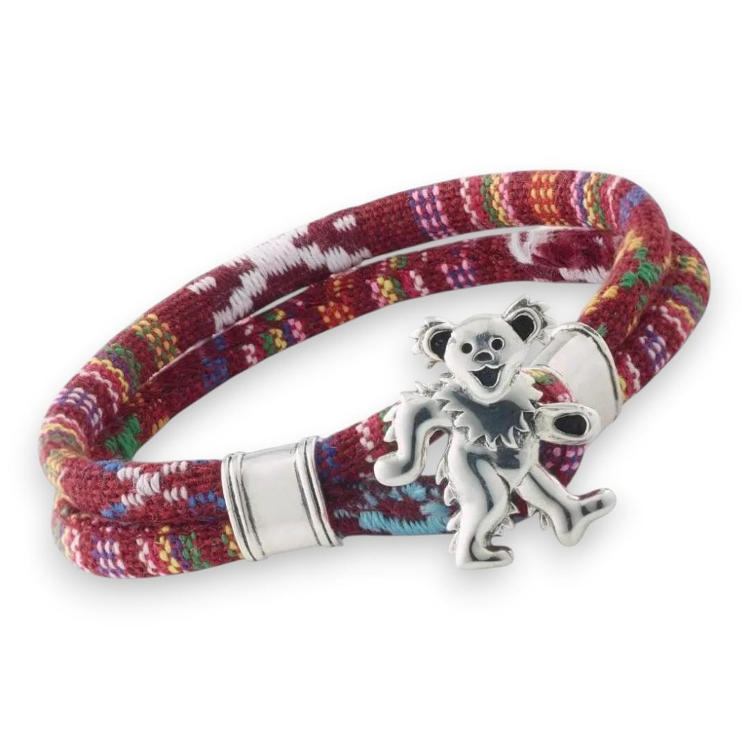 Grateful Dead Dancing Bear Sterling Silver Scarlet Red Cloth Rope Bracelet - Front