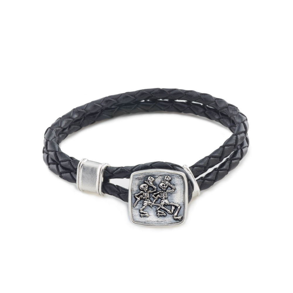 Grateful Dead Dancing Skeletons Sterling Silver Leather Bracelet