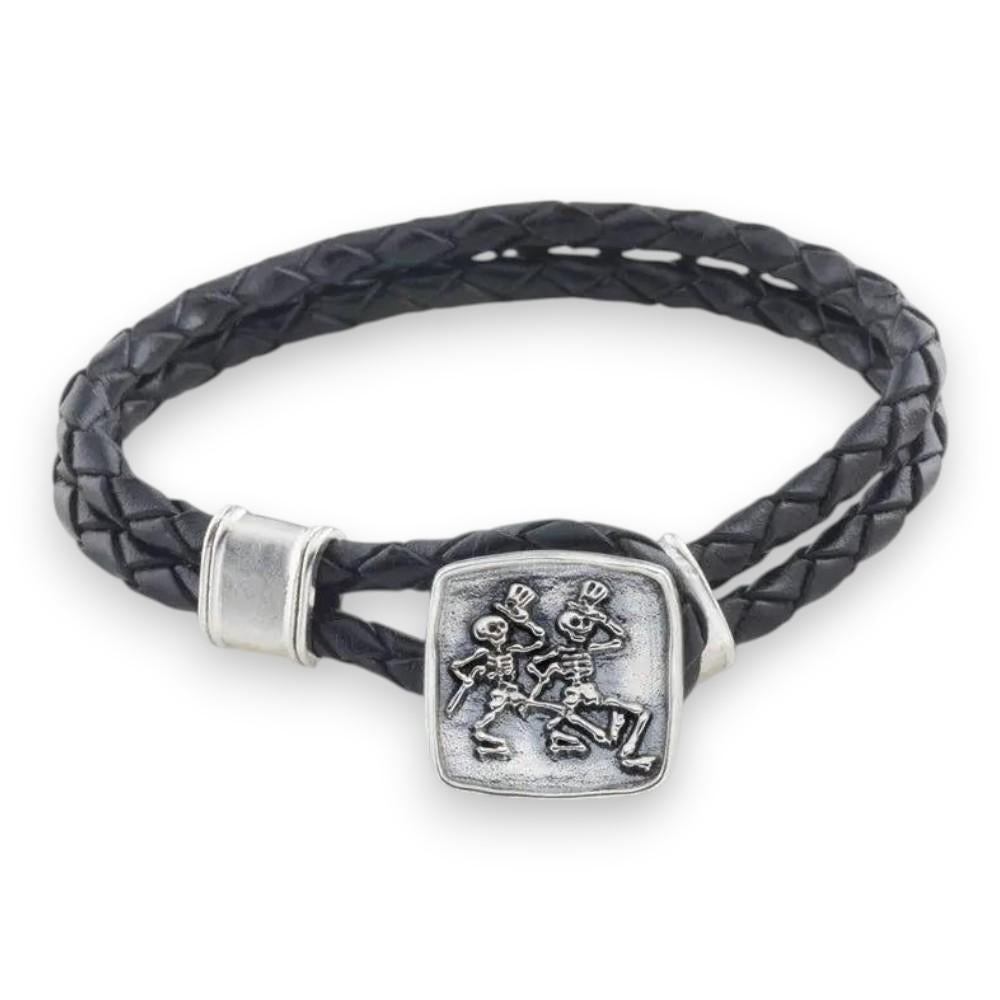 Grateful Dead Dancing Skeletons Sterling Silver Leather Bracelet - Back