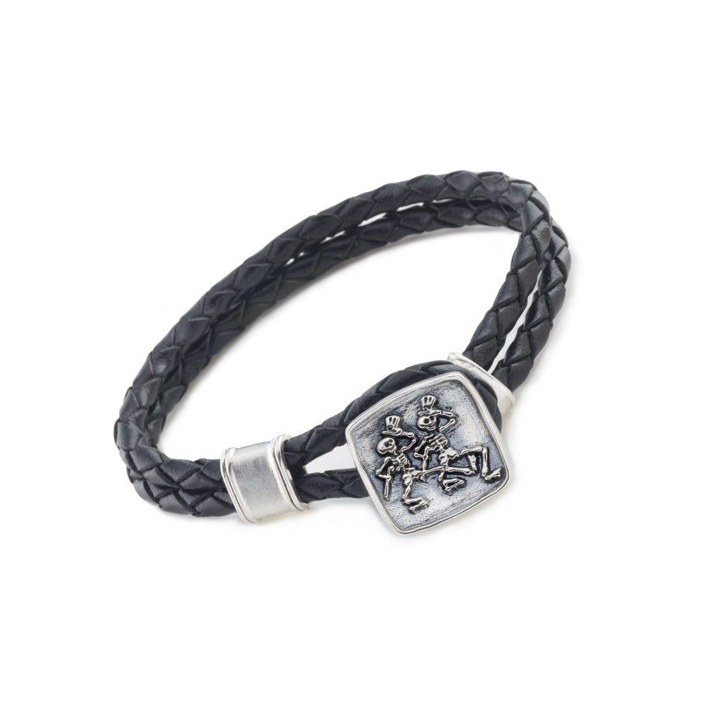 Grateful Dead Dancing Skeletons Sterling Silver Leather Bracelet