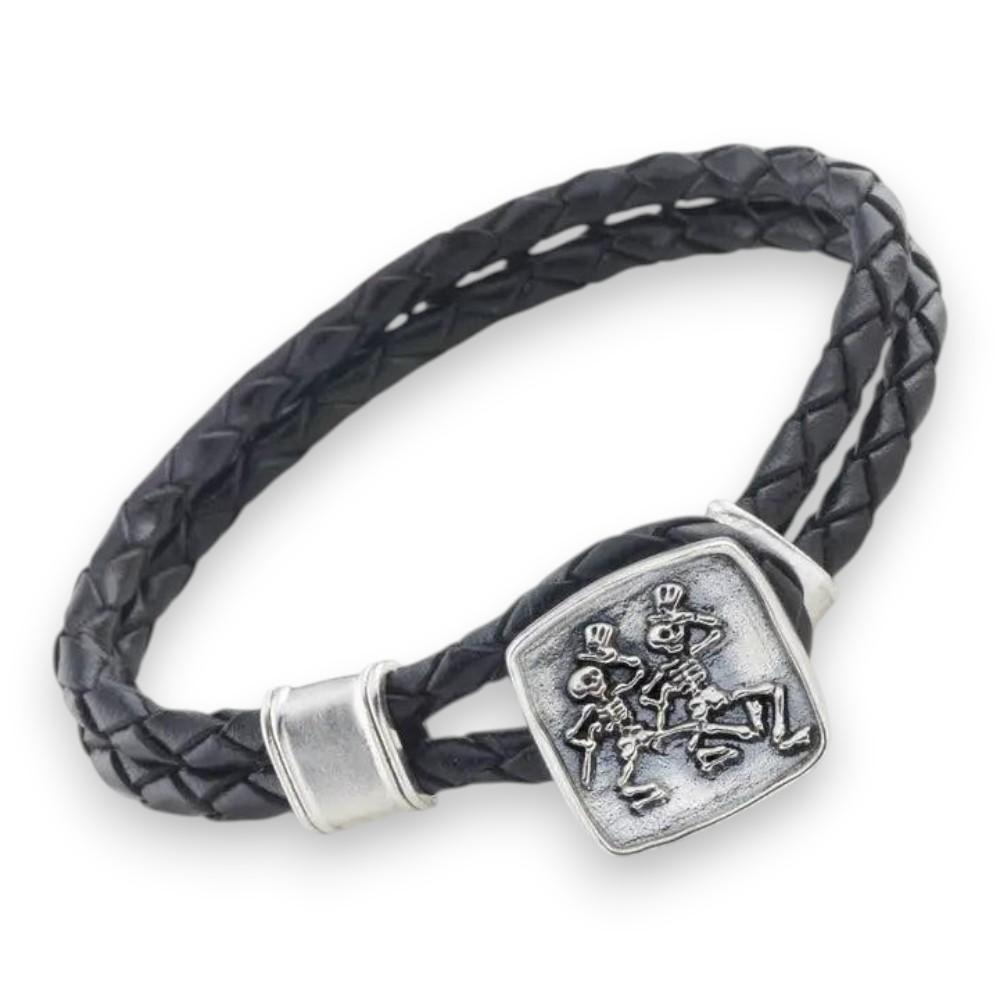 Grateful Dead Dancing Skeletons Sterling Silver Leather Bracelet - Front