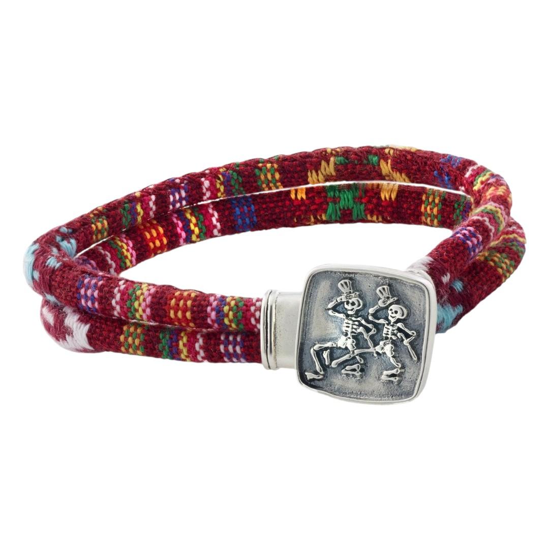 Grateful Dead Dancing Skeletons Sterling Silver Scarlet Red Cloth Rope Bracelet