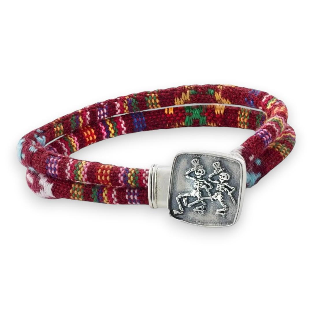 Grateful Dead Dancing Skeletons Sterling Silver Scarlet Red Cloth Rope Bracelet - Back