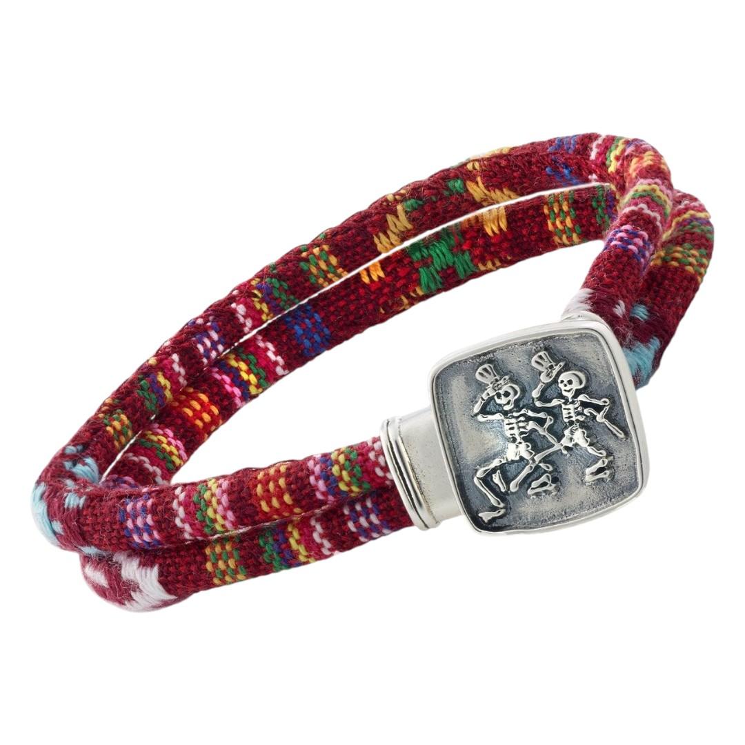 Grateful Dead Dancing Skeletons Sterling Silver Scarlet Red Cloth Rope Bracelet