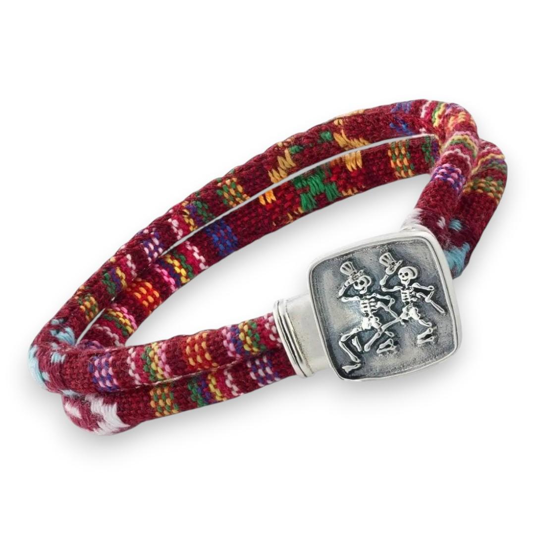 Grateful Dead Dancing Skeletons Sterling Silver Scarlet Red Cloth Rope Bracelet - Front