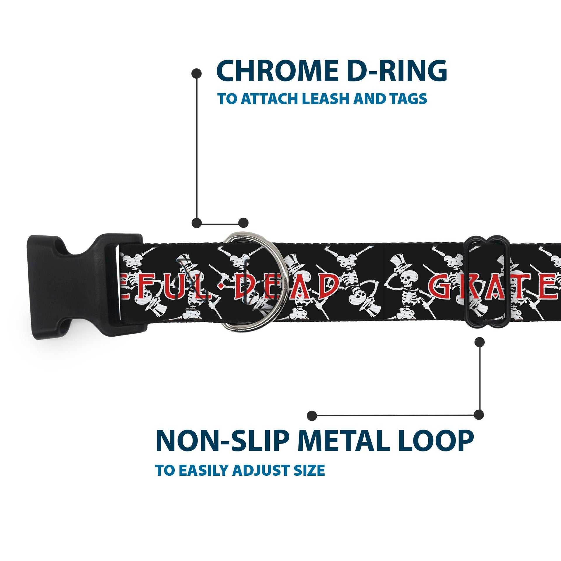 Grateful Dead Dog Collar | Black Text + Dancing Skeletons