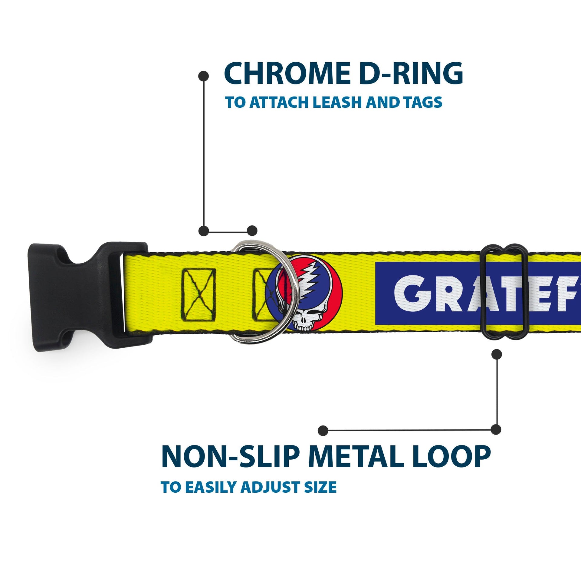 Grateful Dead Dog Collar | Blue/Yellow Text + Steal Your Face