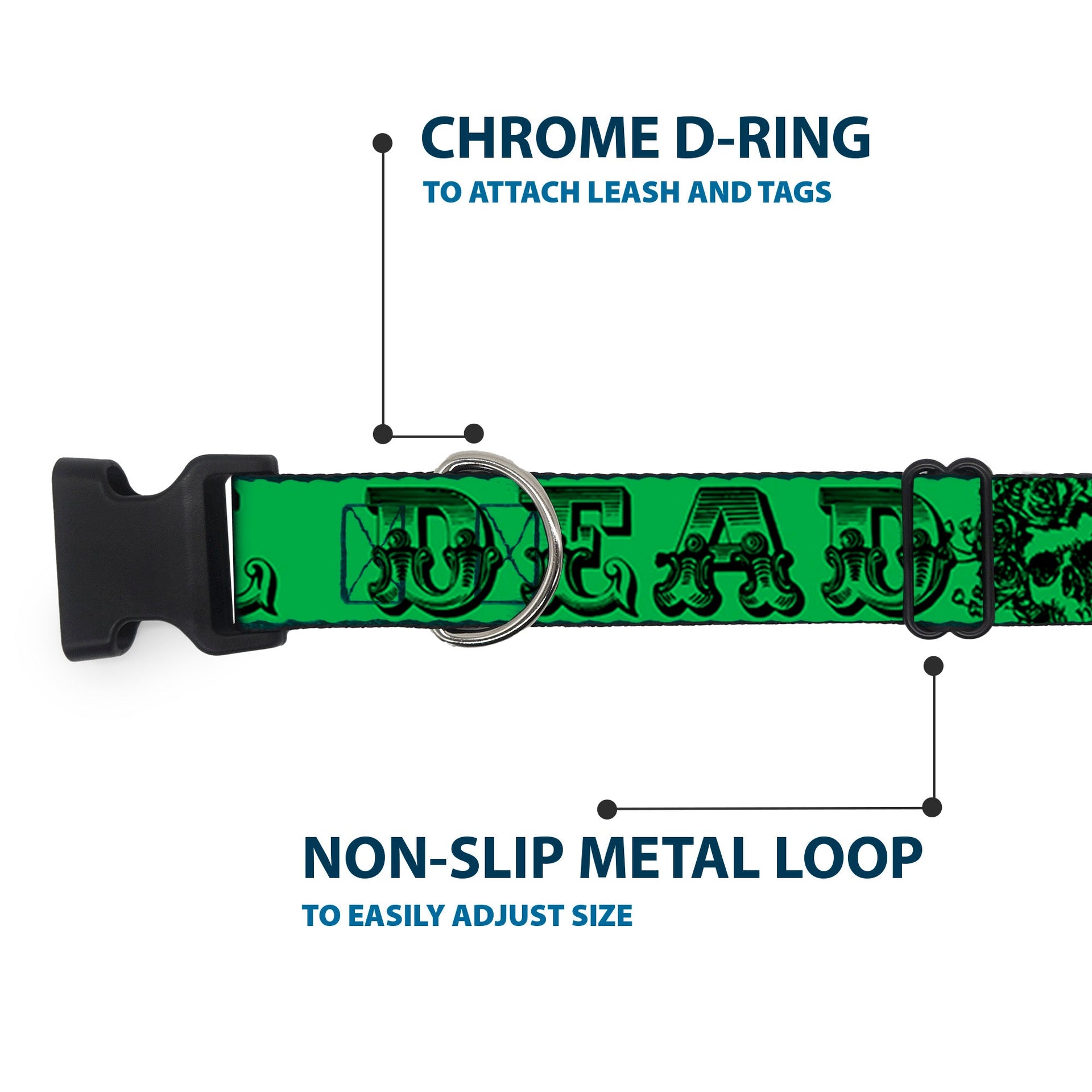 Grateful Dead Dog Collar | Green/Black Text + Skull & Roses
