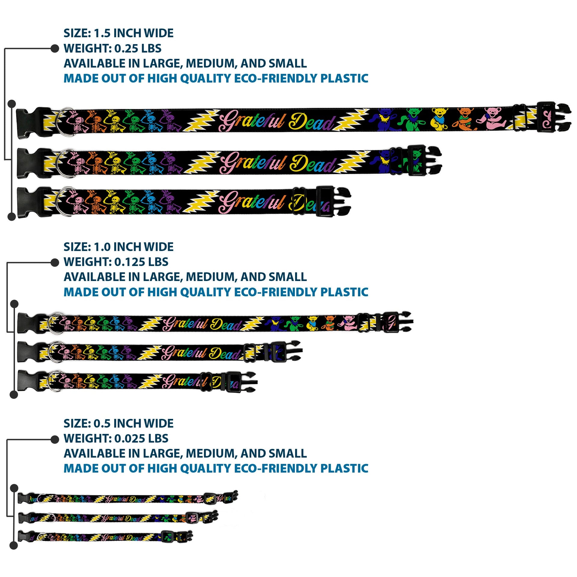 Grateful Dead Dog Collar | Rainbow Script Text with Dancing Bears + Skeletons
