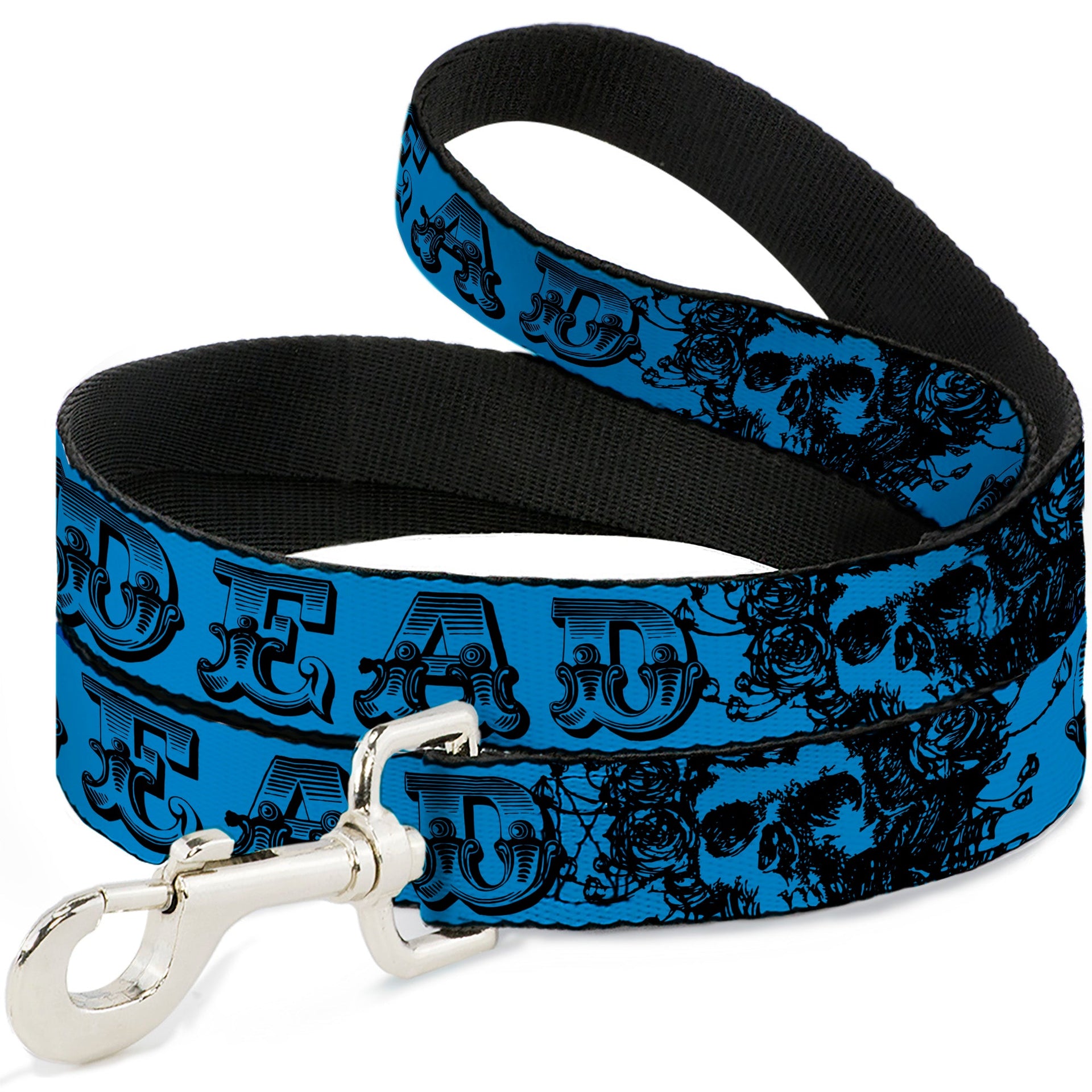 Grateful Dead Dog Leash | Blue/Black Text + Skull & Roses