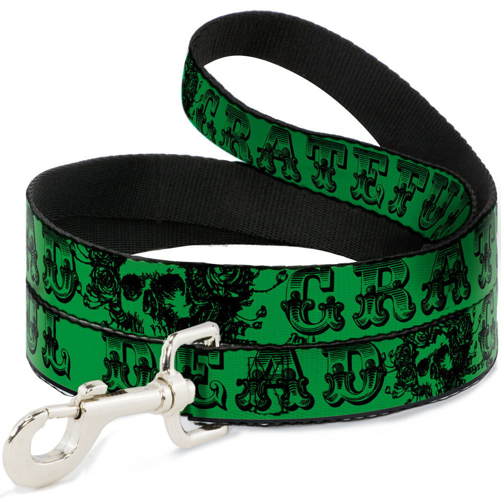 Grateful Dead Dog Leash | Green/Black Text + Skull & Roses