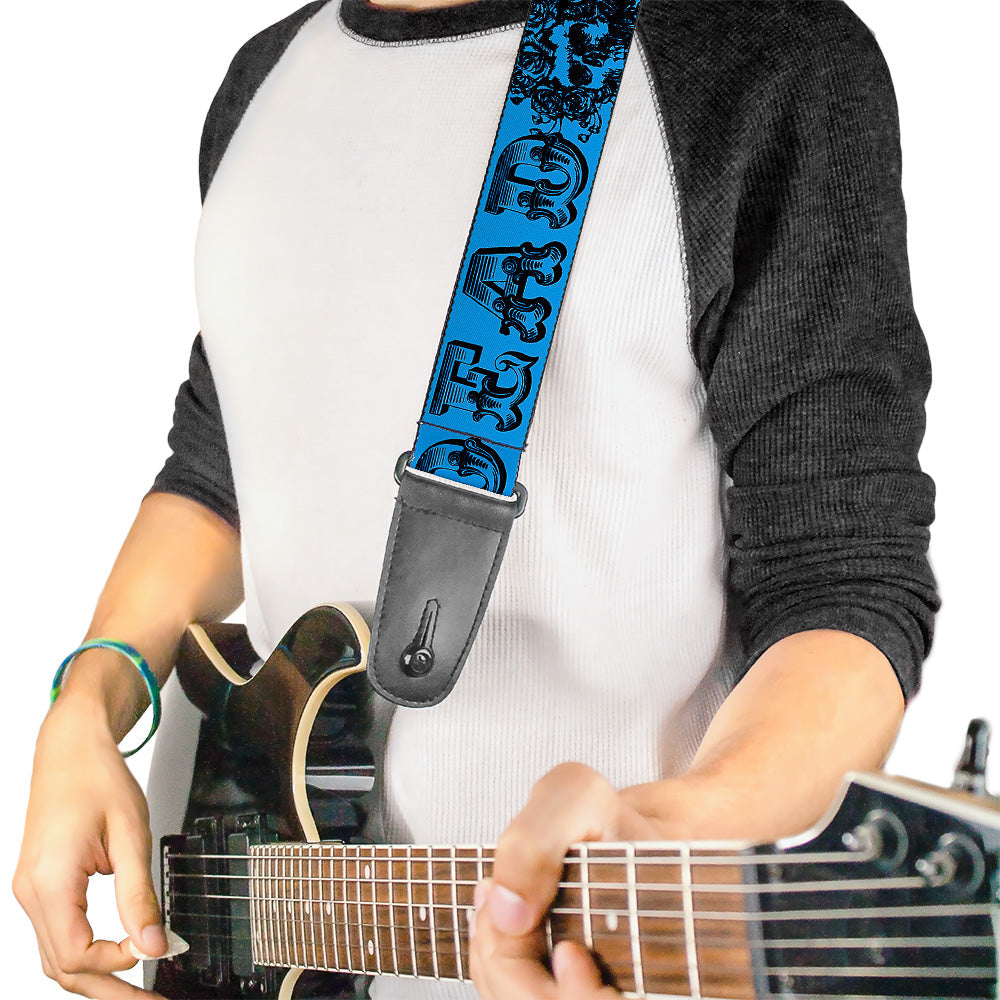 Grateful Dead Guitar Strap | Blue/Black Text + Skull & Roses