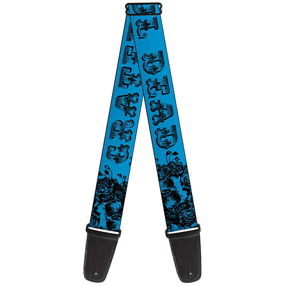 Grateful Dead Guitar Strap | Blue/Black Text + Skull & Roses