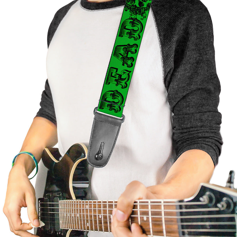 Grateful Dead Guitar Strap | Green/Black Text + Skull & Roses
