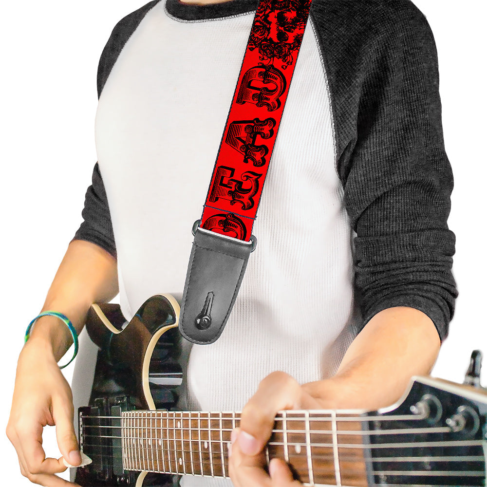 Grateful Dead Guitar Strap | Red/Black Text + Skull & Roses