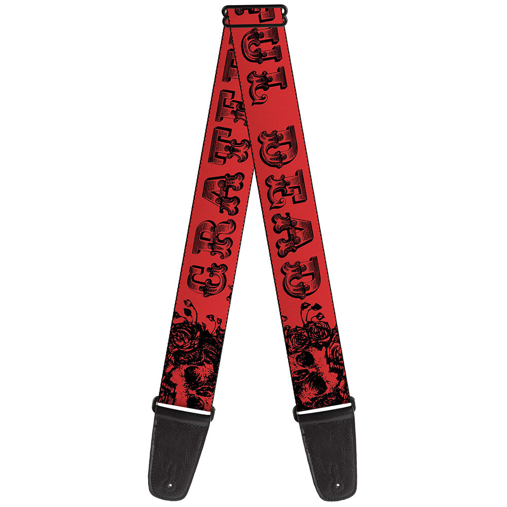 Grateful Dead Guitar Strap | Red/Black Text + Skull & Roses