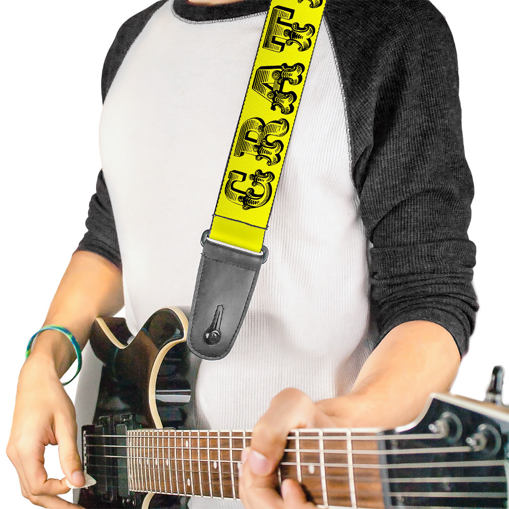 Grateful Dead Guitar Strap | Yellow/Black Text + Skull & Roses
