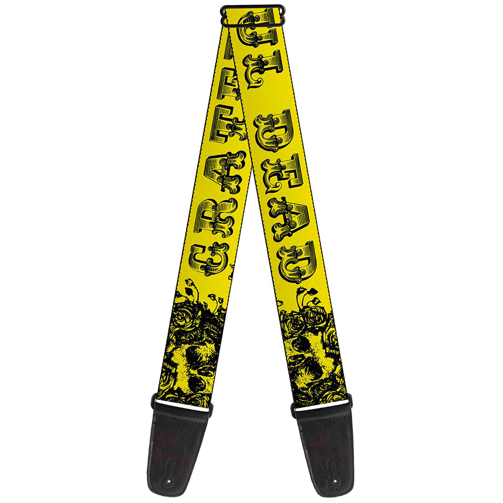Grateful Dead Guitar Strap | Yellow/Black Text + Skull & Roses