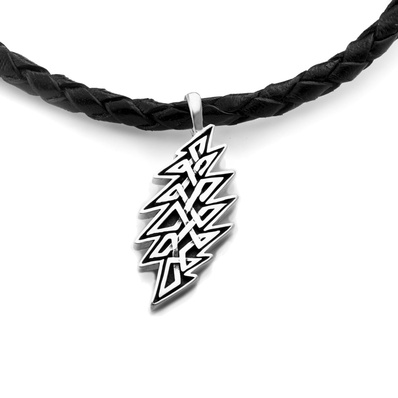 Grateful Dead Lightning Bolt Celtic Knot Sterling Silver Charm Woven Leather Necklace