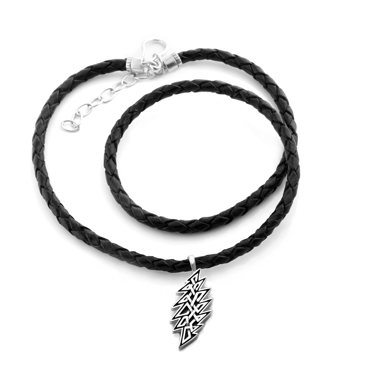 Grateful Dead Lightning Bolt Celtic Knot Sterling Silver Charm Woven Leather Necklace