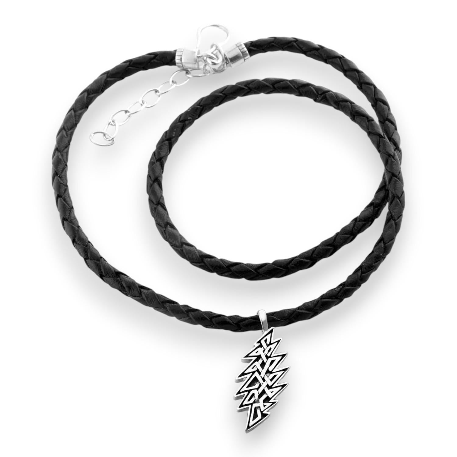 Grateful Dead Lightning Bolt Celtic Knot Sterling Silver Charm Woven Leather Necklace - Front