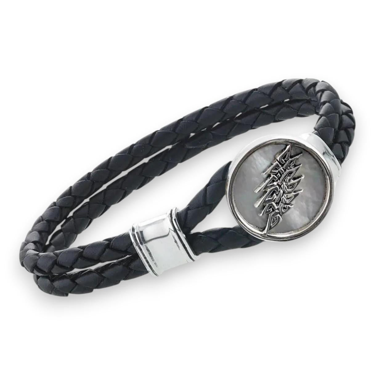 Grateful Dead Lightning Bolt Sterling Silver Leather Bracelet - Front