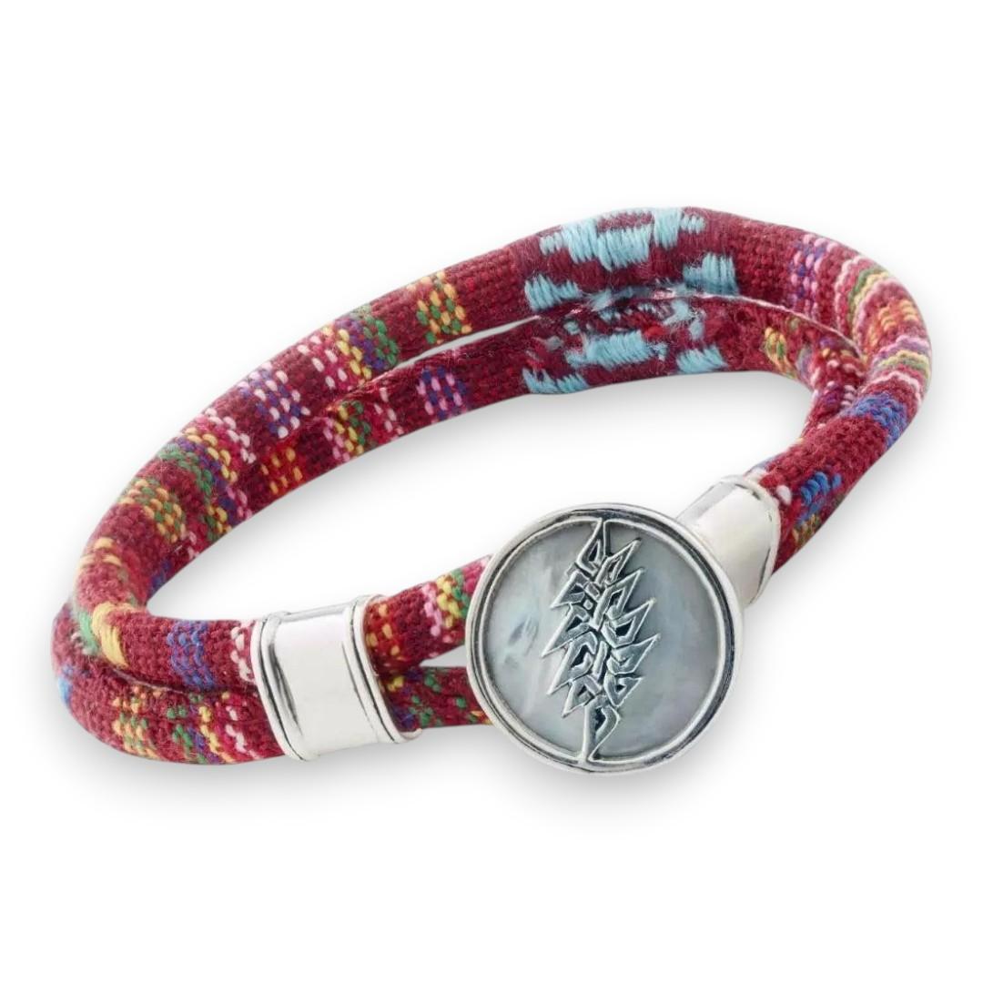 Grateful Dead Lightning Bolt Sterling Silver Scarlet Red Cloth Rope Bracelet - Front