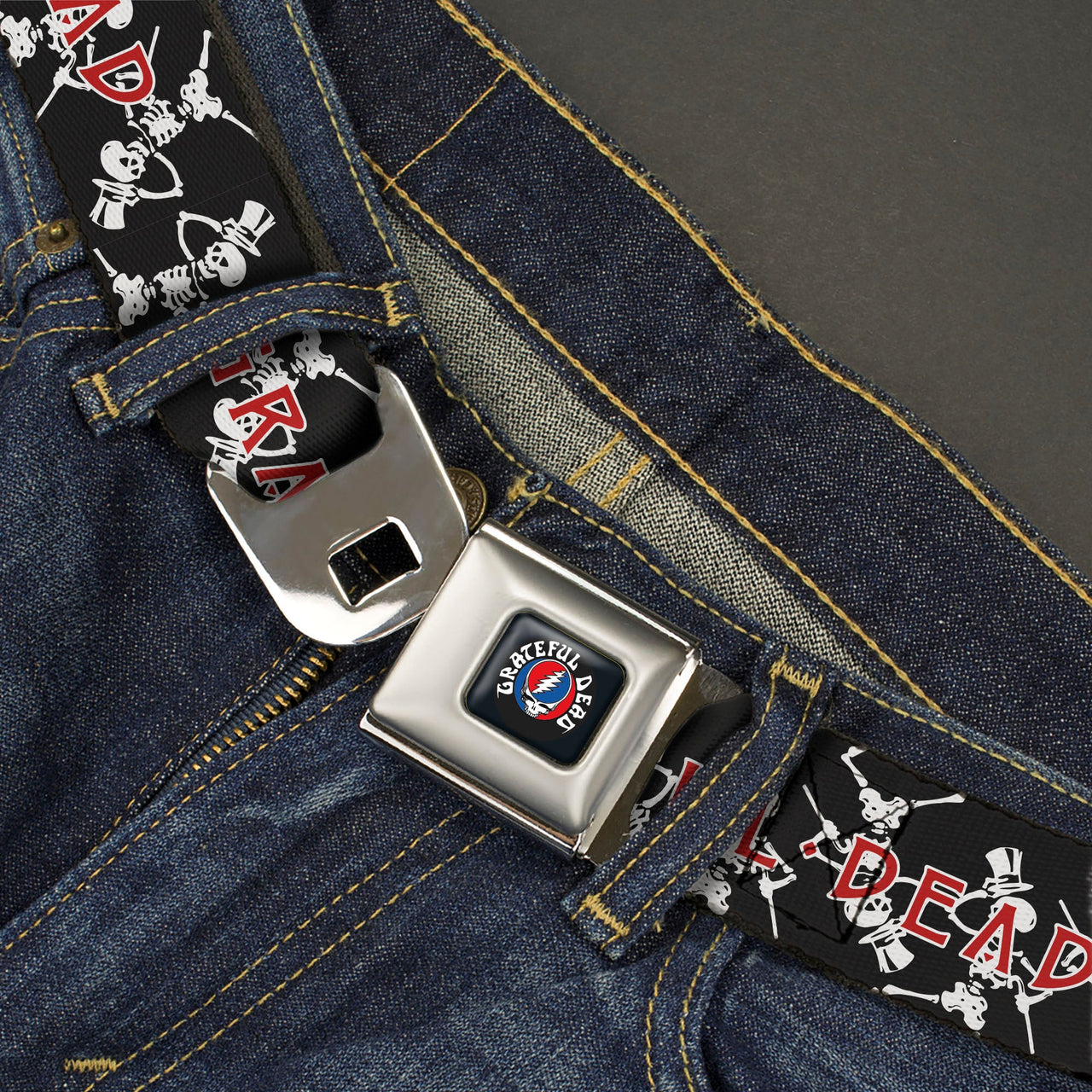 Grateful Dead Seatbelt Belt | Black Text + Dancing Skeletons