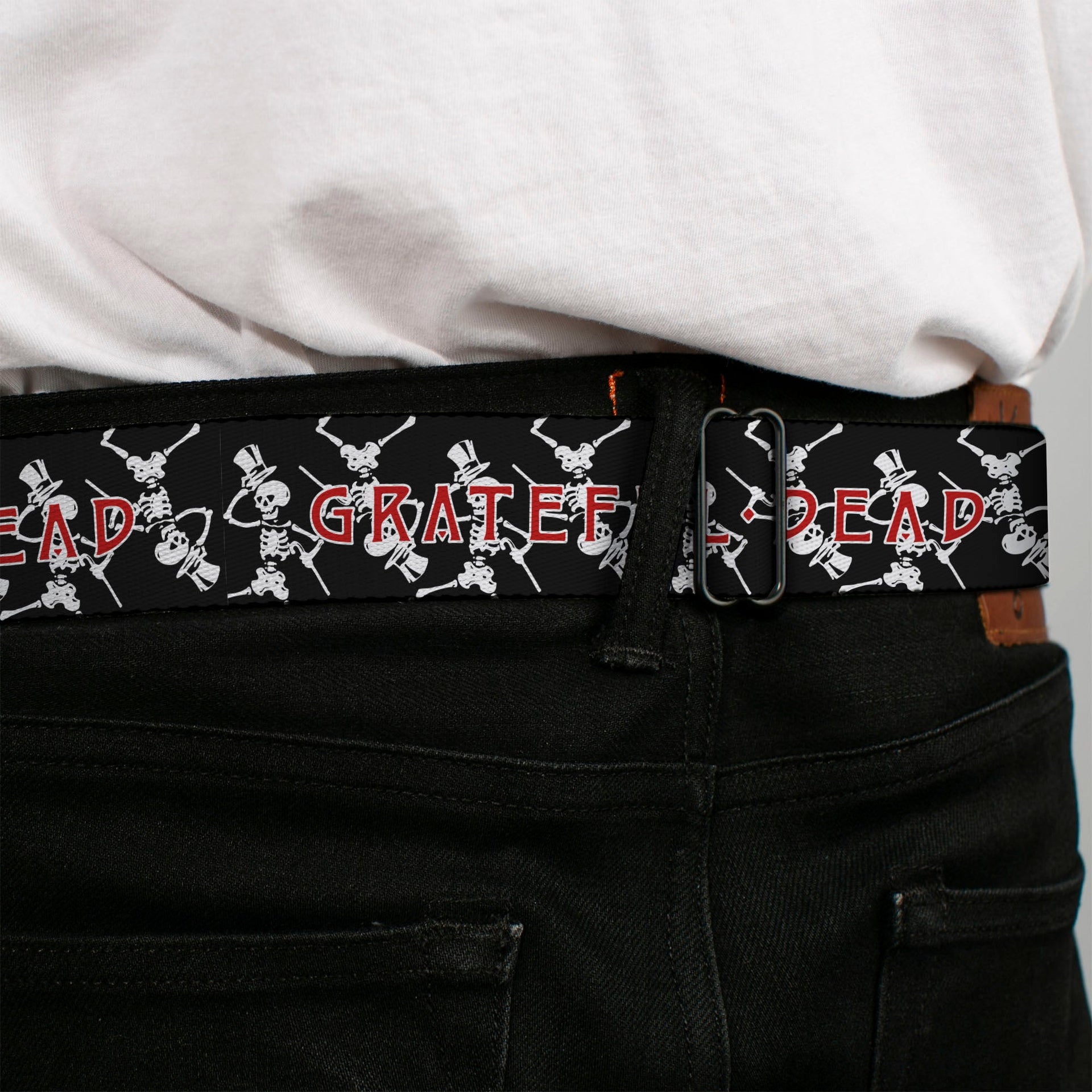 Grateful Dead Seatbelt Belt | Black Text + Dancing Skeletons